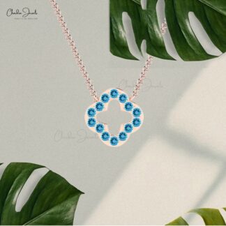 Four Leaf Style Open Necklace With 2mm Swiss Blue Topaz Clover Necklace In 14k Solid Gold