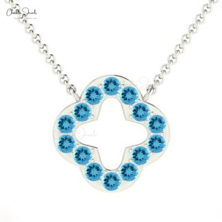 Four Leaf Style Open Necklace With 2mm Swiss Blue Topaz Clover Necklace In 14k Solid Gold