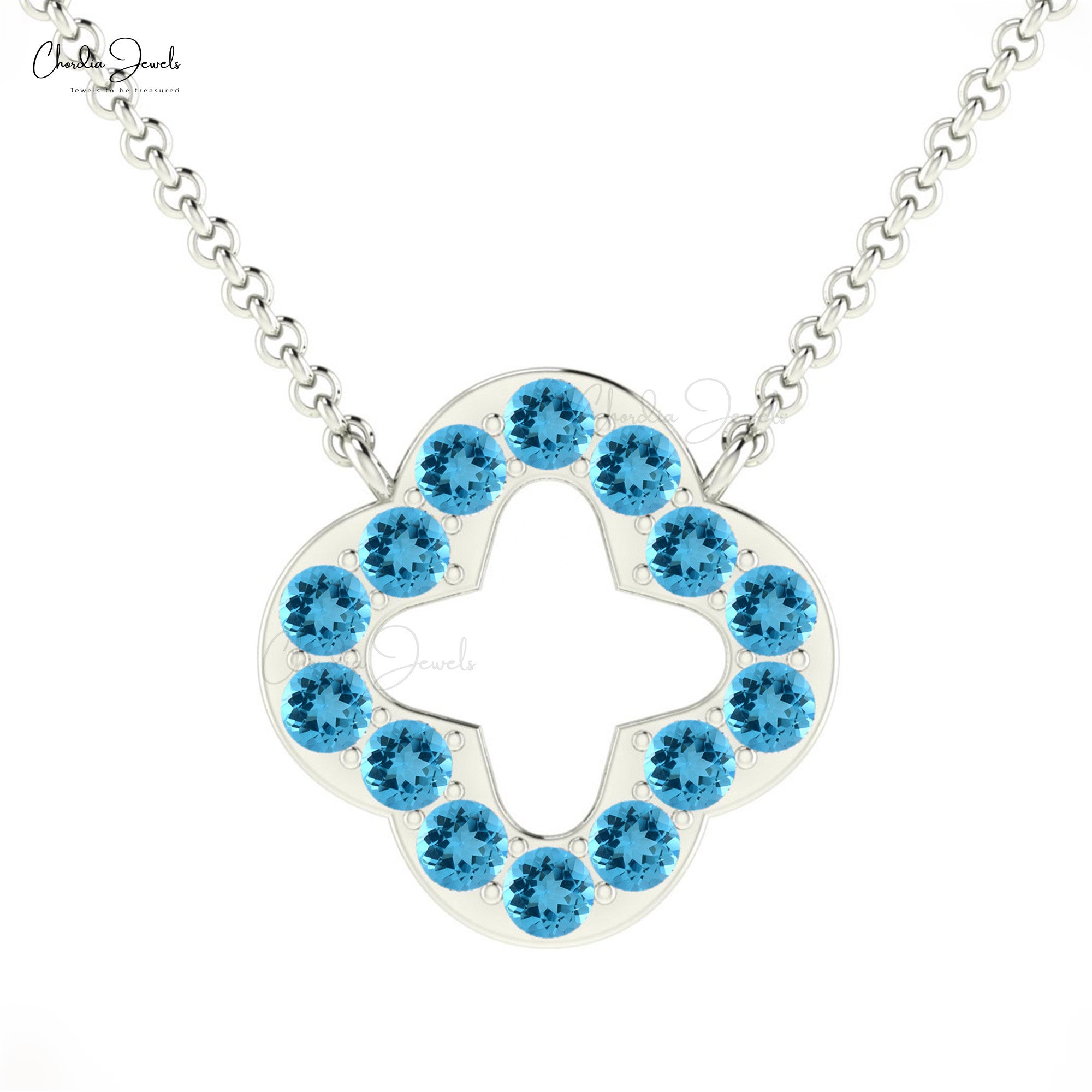 Four Leaf Style Open Necklace With 2mm Swiss Blue Topaz Clover Necklace In 14k Solid Gold