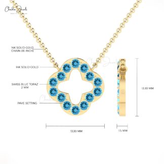 Four Leaf Style Open Necklace With 2mm Swiss Blue Topaz Clover Necklace In 14k Solid Gold