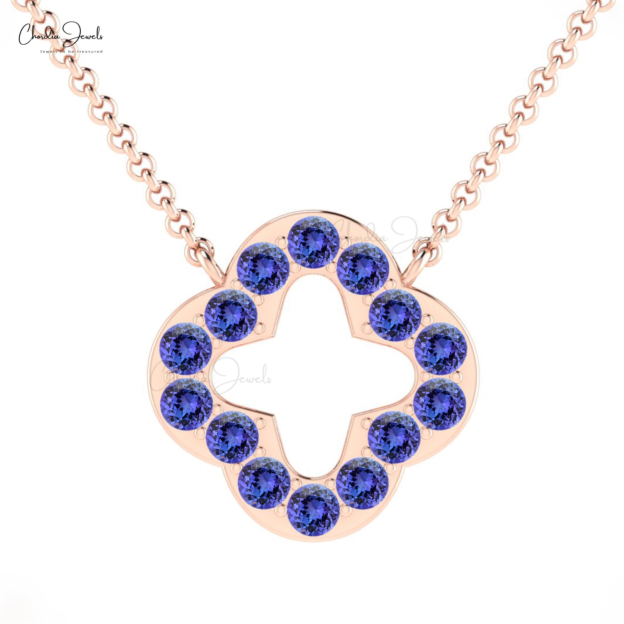 Open Clover Women Necklace In Pure 14k Gold Tanzanite 0.84 Ct Gemstone Chain Necklace