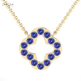 Open Clover Women Necklace In Pure 14k Gold Tanzanite 0.84 Ct Gemstone Chain Necklace