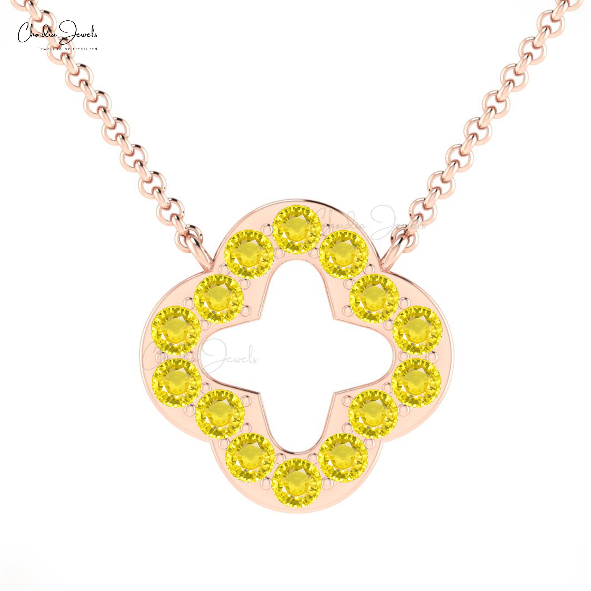 Round Cut Open Clover Necklace In 14k Real Gold Yellow Sapphire Handmade Chain Necklace