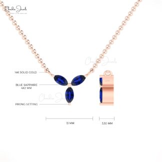 Solid 14k Gold Three Stone Necklace With 0.24 Ct Blue Sapphire Minimalist Necklace For Her