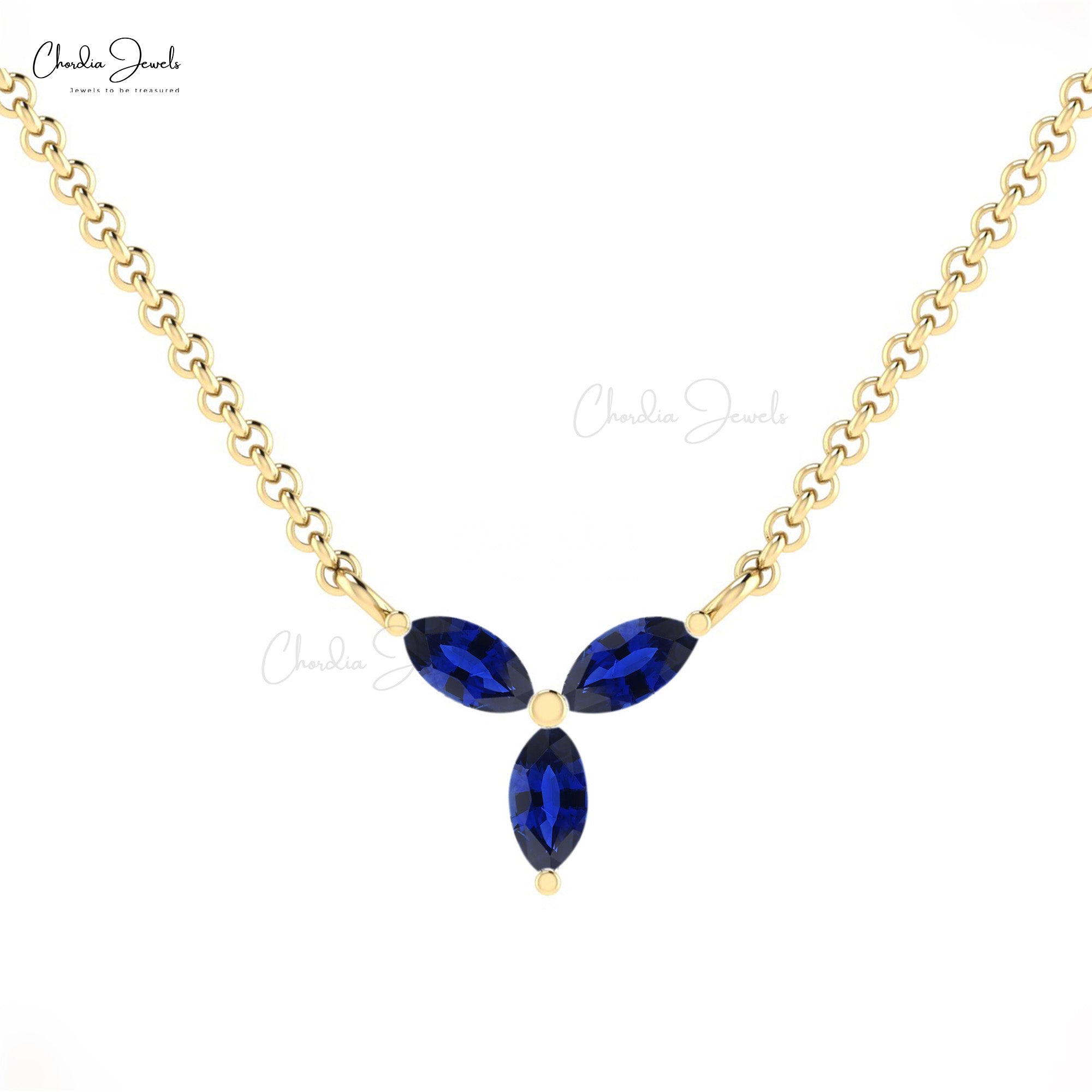 Solid 14k Gold Three Stone Necklace With 0.24 Ct Blue Sapphire Minimalist Necklace For Her