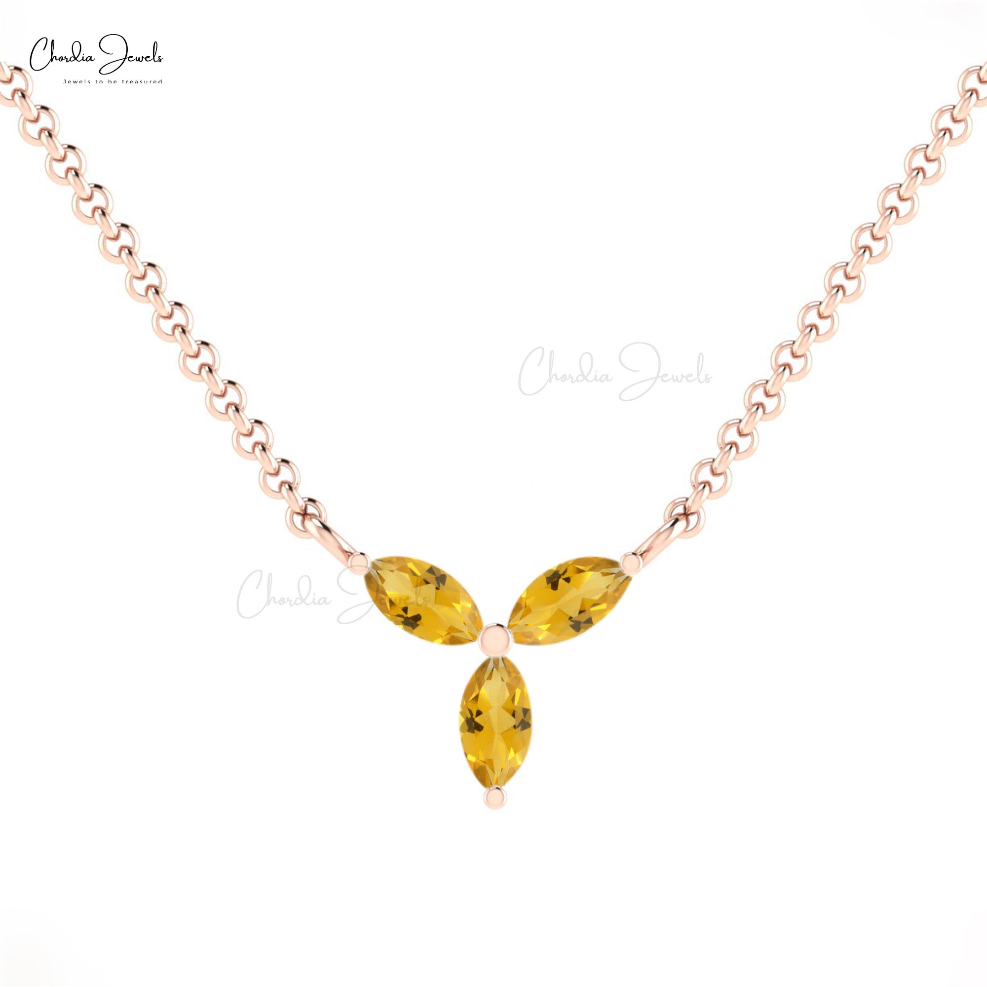 Cluster 3 Stone Chain Necklace With 0.66 Ct Citrine 14k Solid Gold Hallmarked Necklace