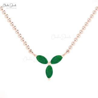 Three Gemstone Necklace In 14k Real Gold Zambian Emerald 4x2mm Marquise Chain Necklace