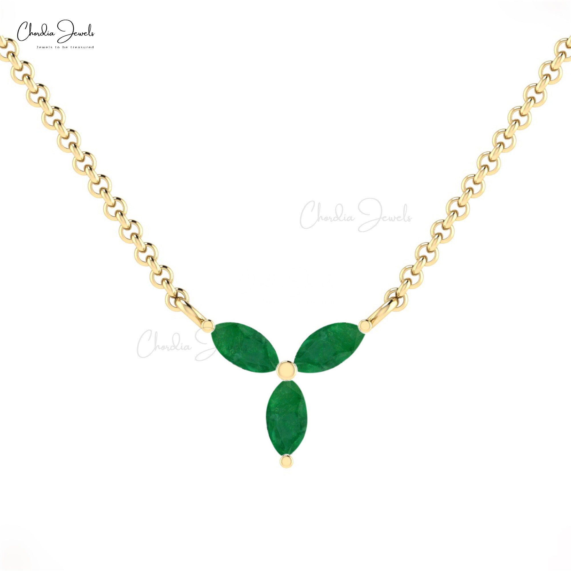 Three Gemstone Necklace In 14k Real Gold Zambian Emerald 4x2mm Marquise Chain Necklace