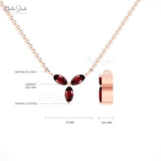 Natural Red Garnet 0.24 Ct Gemstone Necklace In 14k Real Gold 3 Stone Thin Chain Necklace