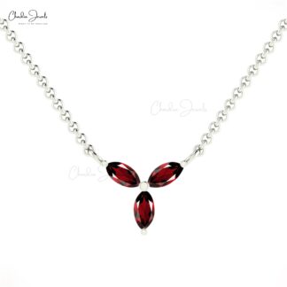 Natural Red Garnet 0.24 Ct Gemstone Necklace In 14k Real Gold 3 Stone Thin Chain Necklace