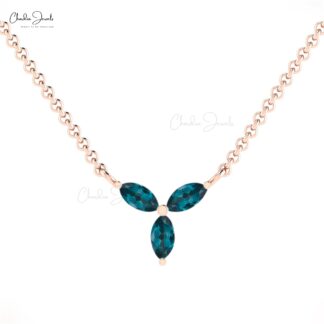 Three Stone London Blue Topaz Chain Necklace In 14k Solid Gold Marquise Hallmark Jewelry
