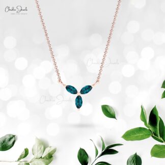 Three Stone London Blue Topaz Chain Necklace In 14k Solid Gold Marquise Hallmark Jewelry