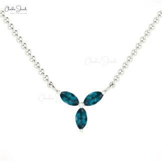 Three Stone London Blue Topaz Chain Necklace In 14k Solid Gold Marquise Hallmark Jewelry