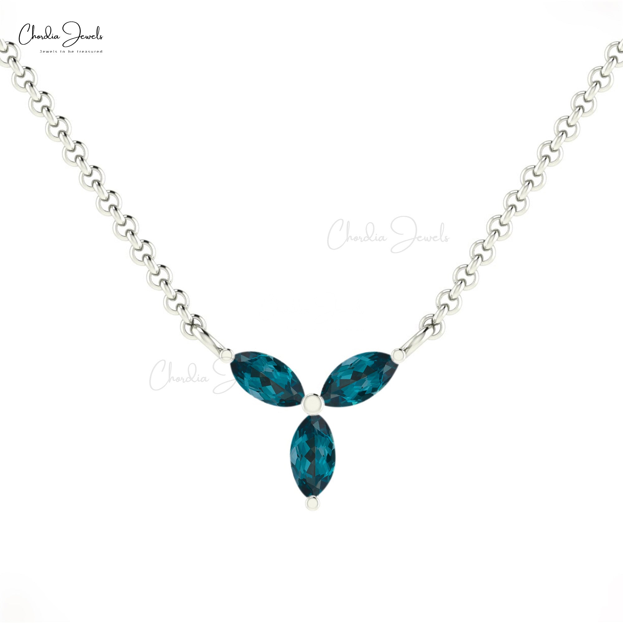 Three Stone London Blue Topaz Chain Necklace In 14k Solid Gold Marquise Hallmark Jewelry