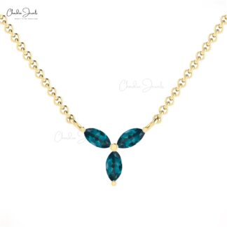 Three Stone London Blue Topaz Chain Necklace In 14k Solid Gold Marquise Hallmark Jewelry