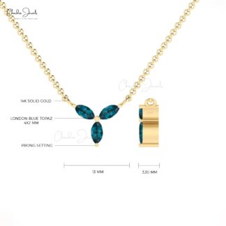 Three Stone London Blue Topaz Chain Necklace In 14k Solid Gold Marquise Hallmark Jewelry