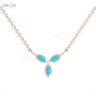 Trilogy Gemstone Chain Necklace In 14k Real Gold Fire Opal 4x2mm Marquise 3 Stone Necklace