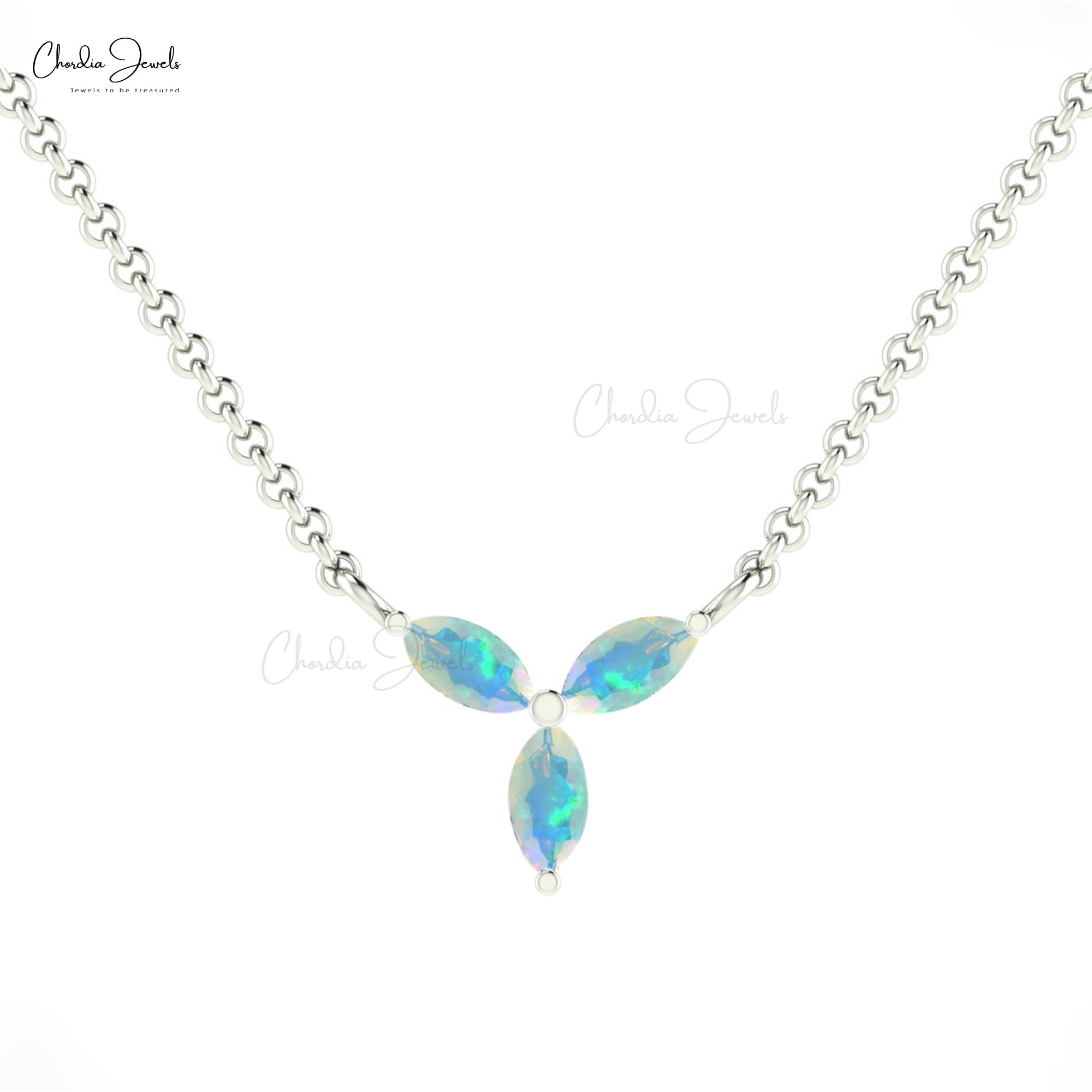 Trilogy Gemstone Chain Necklace In 14k Real Gold Fire Opal 4x2mm Marquise 3 Stone Necklace