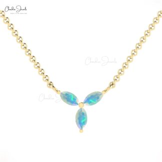 Trilogy Gemstone Chain Necklace In 14k Real Gold Fire Opal 4x2mm Marquise 3 Stone Necklace
