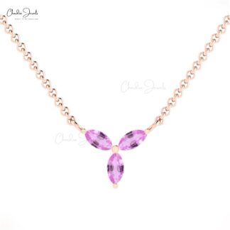Cluster 3 Stone Women Necklace In 14k Pure Gold Pink Sapphire 4x2mm Gemstone Jewelry