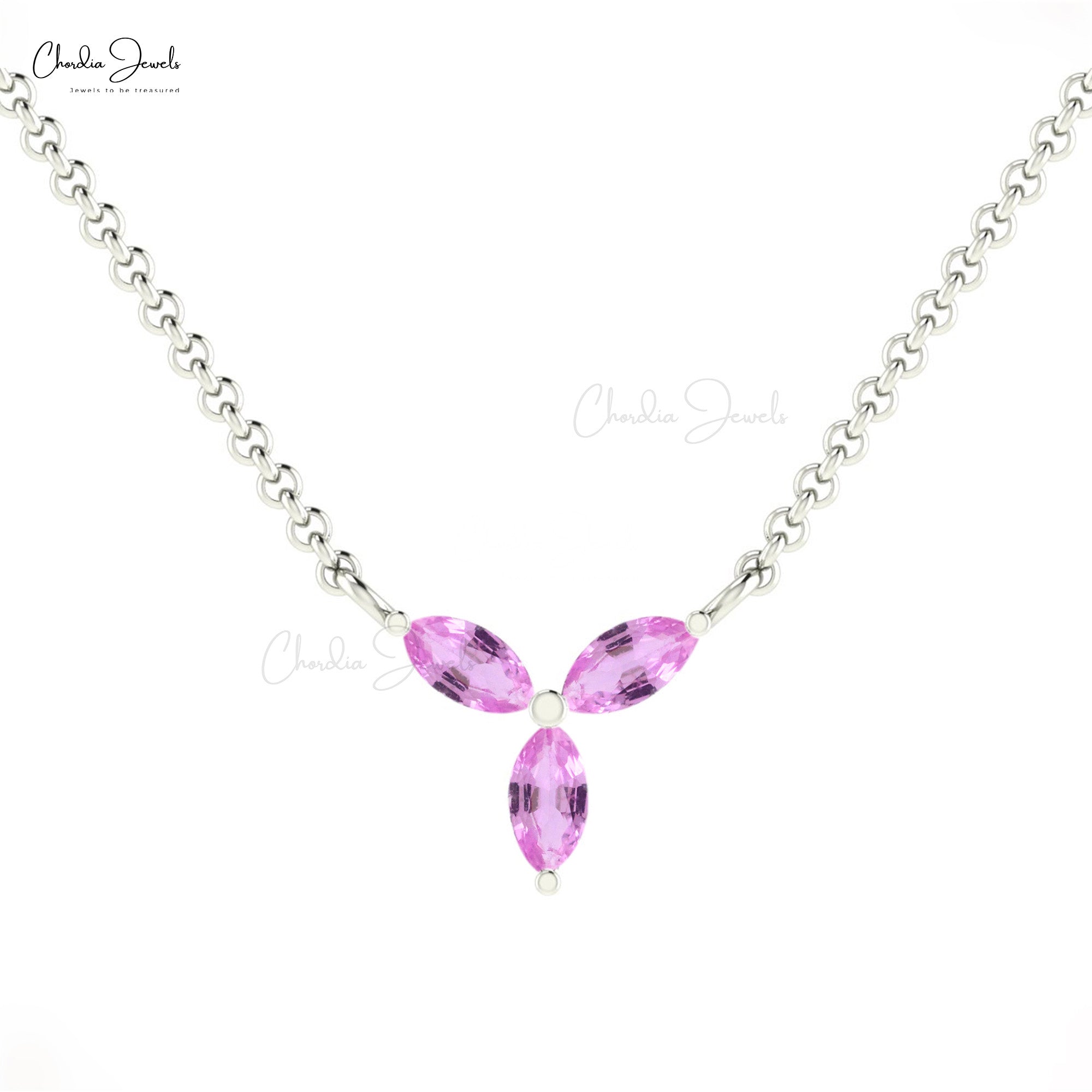Cluster 3 Stone Women Necklace In 14k Pure Gold Pink Sapphire 4x2mm Gemstone Jewelry
