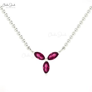 Marquise Gemstone Necklace In 14k Real Gold Rhodolite Garnet 3 Stone Handmade Necklace