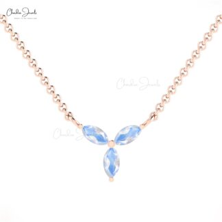 Real 14k Gold Marquise Necklace With 4x2mm Rainbow Moonstone 3 Stone Necklace For Mom