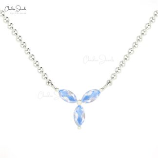 Real 14k Gold Marquise Necklace With 4x2mm Rainbow Moonstone 3 Stone Necklace For Mom