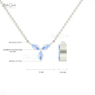 Real 14k Gold Marquise Necklace With 4x2mm Rainbow Moonstone 3 Stone Necklace For Mom
