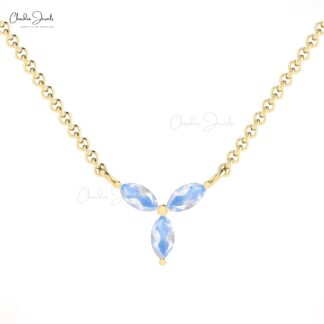 Real 14k Gold Marquise Necklace With 4x2mm Rainbow Moonstone 3 Stone Necklace For Mom