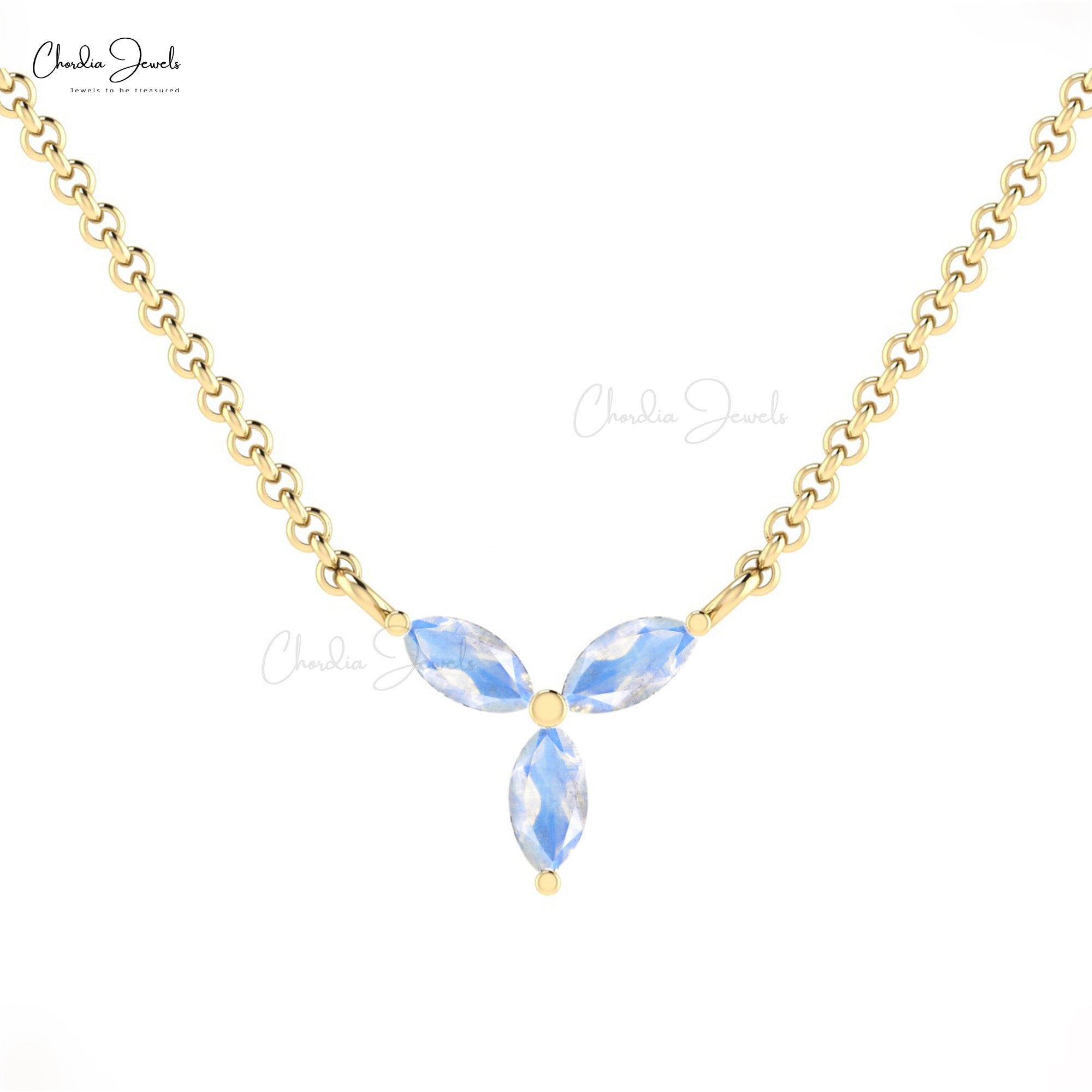 Real 14k Gold Marquise Necklace With 4x2mm Rainbow Moonstone 3 Stone Necklace For Mom