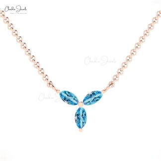 Trio Swiss Blue Topaz Necklace With 4x2mm Gemstone Prong Set In Pure 14k Gold Fine Jewelry