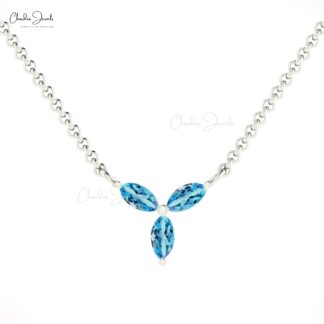 Trio Swiss Blue Topaz Necklace With 4x2mm Gemstone Prong Set In Pure 14k Gold Fine Jewelry