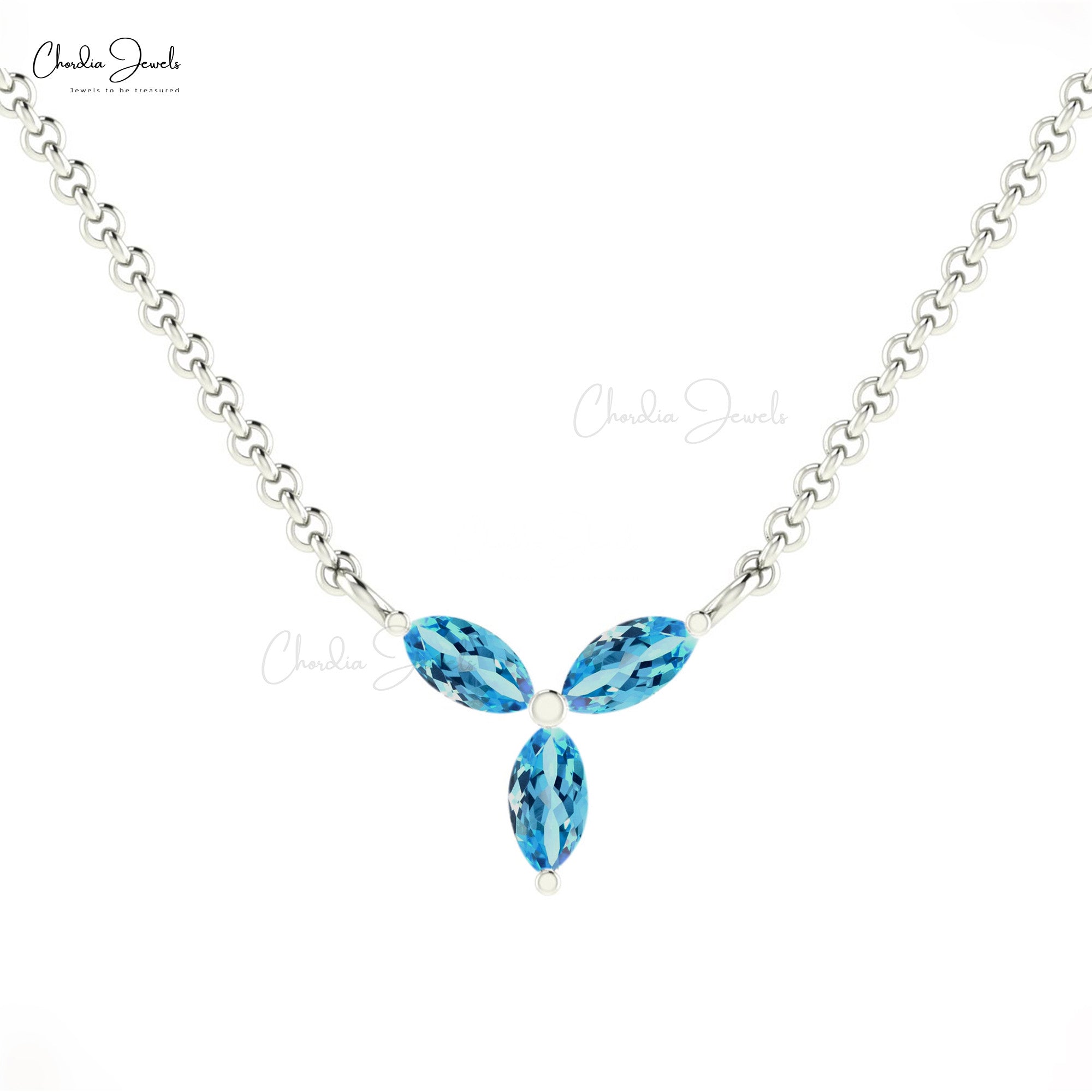 Trio Swiss Blue Topaz Necklace With 4x2mm Gemstone Prong Set In Pure 14k Gold Fine Jewelry