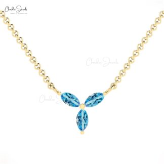 Trio Swiss Blue Topaz Necklace With 4x2mm Gemstone Prong Set In Pure 14k Gold Fine Jewelry