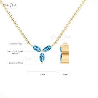 Trio Swiss Blue Topaz Necklace With 4x2mm Gemstone Prong Set In Pure 14k Gold Fine Jewelry