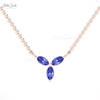 Triple Stone Tanzanite Chain Necklace In 14k Real Gold Marquise 4x2mm Gemstone Jewelry
