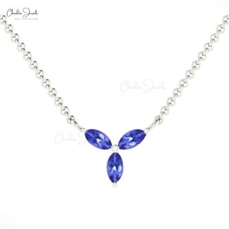 Triple Stone Tanzanite Chain Necklace In 14k Real Gold Marquise 4x2mm Gemstone Jewelry