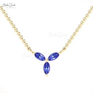 Triple Stone Tanzanite Chain Necklace In 14k Real Gold Marquise 4x2mm Gemstone Jewelry