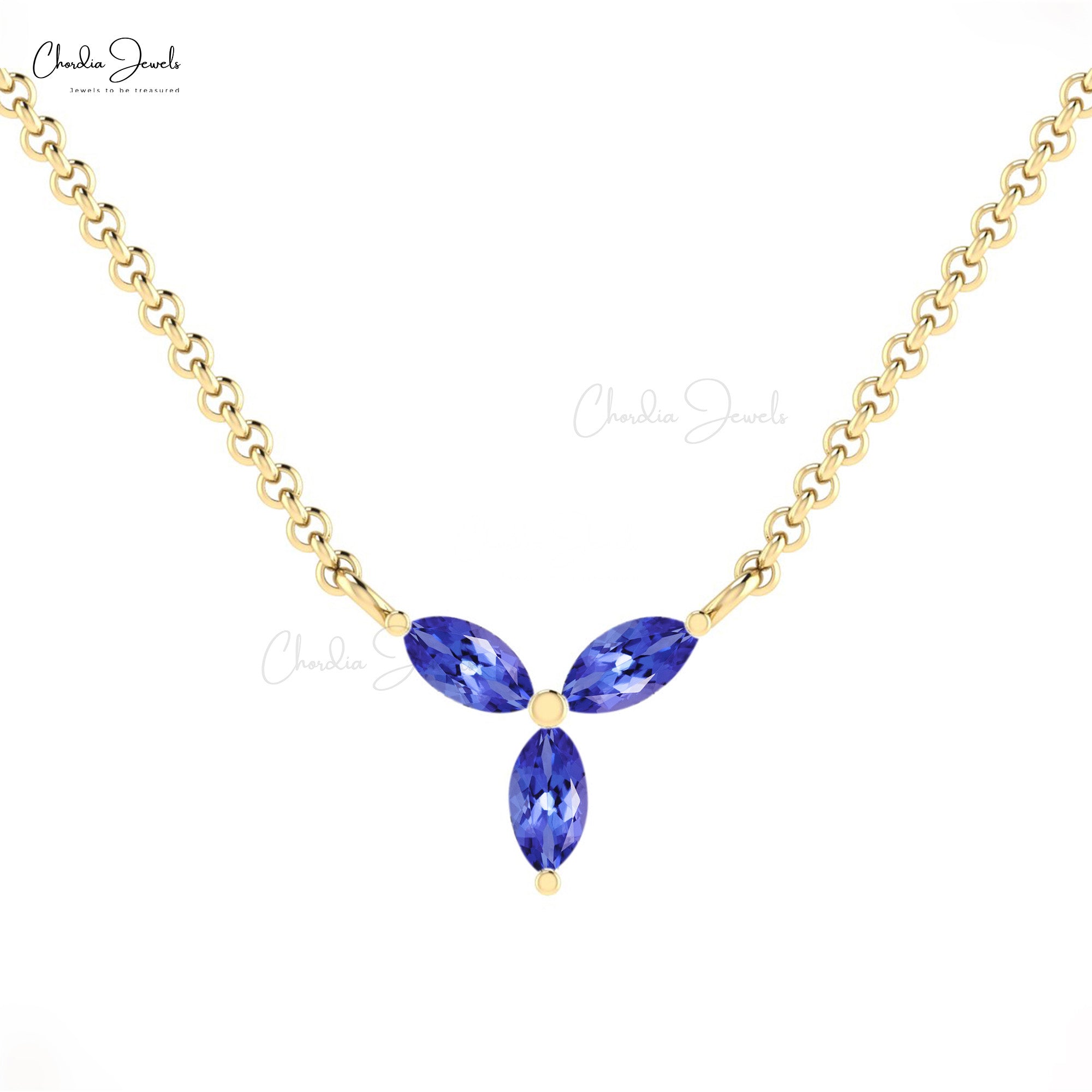 Triple Stone Tanzanite Chain Necklace In 14k Real Gold Marquise 4x2mm Gemstone Jewelry