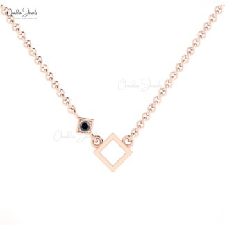 Single Stone Women Pendant In 14k Solid Gold Black Diamond Open Square Chain Necklace
