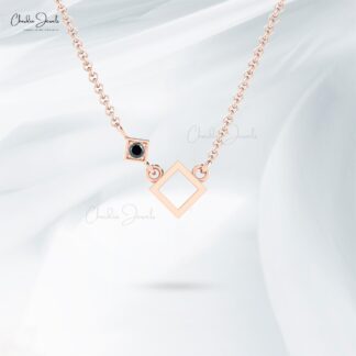 Single Stone Women Pendant In 14k Solid Gold Black Diamond Open Square Chain Necklace