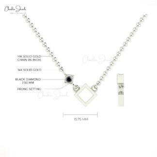 Single Stone Women Pendant In 14k Solid Gold Black Diamond Open Square Chain Necklace