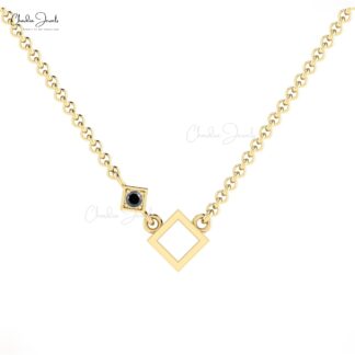 Single Stone Women Pendant In 14k Solid Gold Black Diamond Open Square Chain Necklace