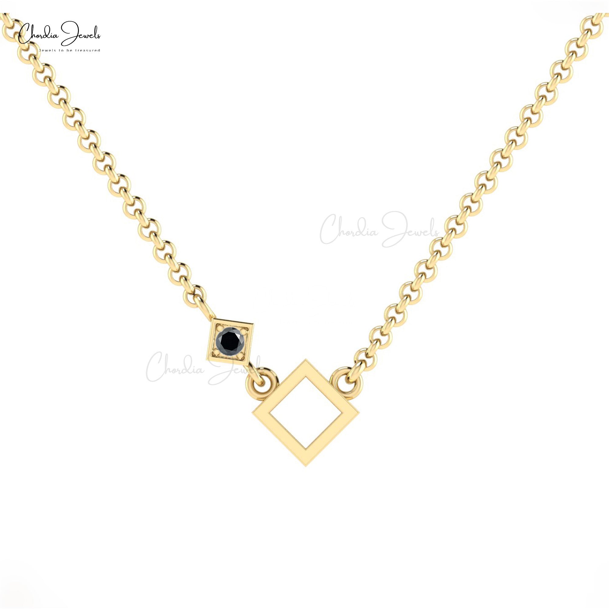 Single Stone Women Pendant In 14k Solid Gold Black Diamond Open Square Chain Necklace