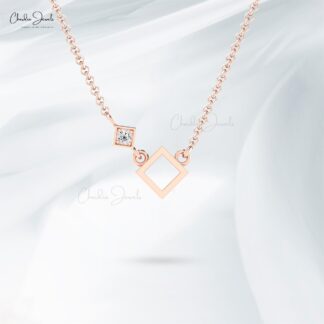 Open Square Dainty Chain Necklace With 2.5mm White Diamond 14k Real Gold Necklace