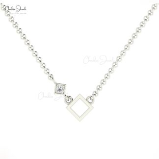Open Square Dainty Chain Necklace With 2.5mm White Diamond 14k Real Gold Necklace