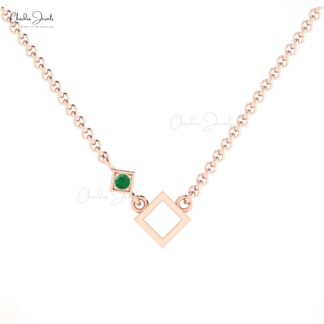 Round Cut Minimalist Pendant With 0.06 Ct Emerald Open Square Necklace In 14k Real Gold