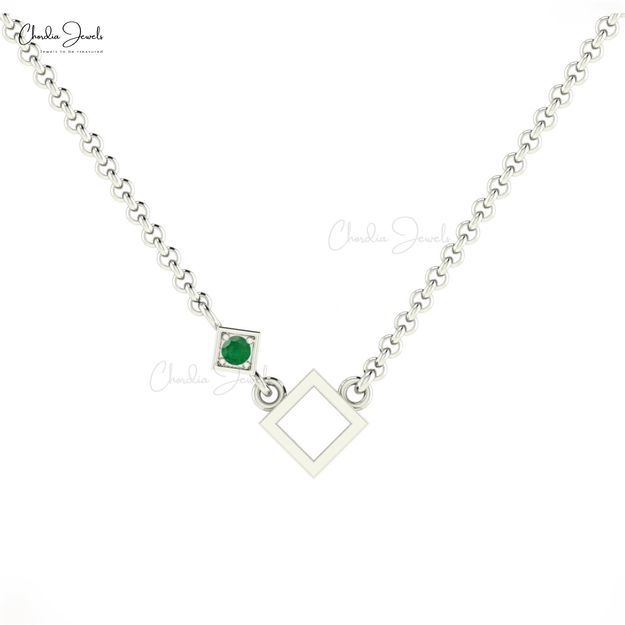 Round Cut Minimalist Pendant With 0.06 Ct Emerald Open Square Necklace In 14k Real Gold