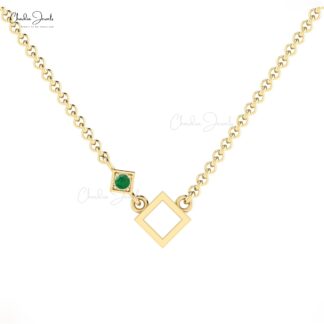 Round Cut Minimalist Pendant With 0.06 Ct Emerald Open Square Necklace In 14k Real Gold